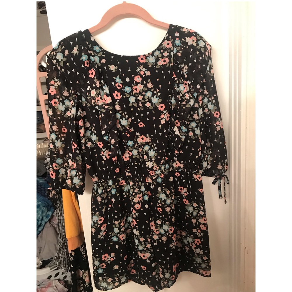 Justice floral romper, black worn once